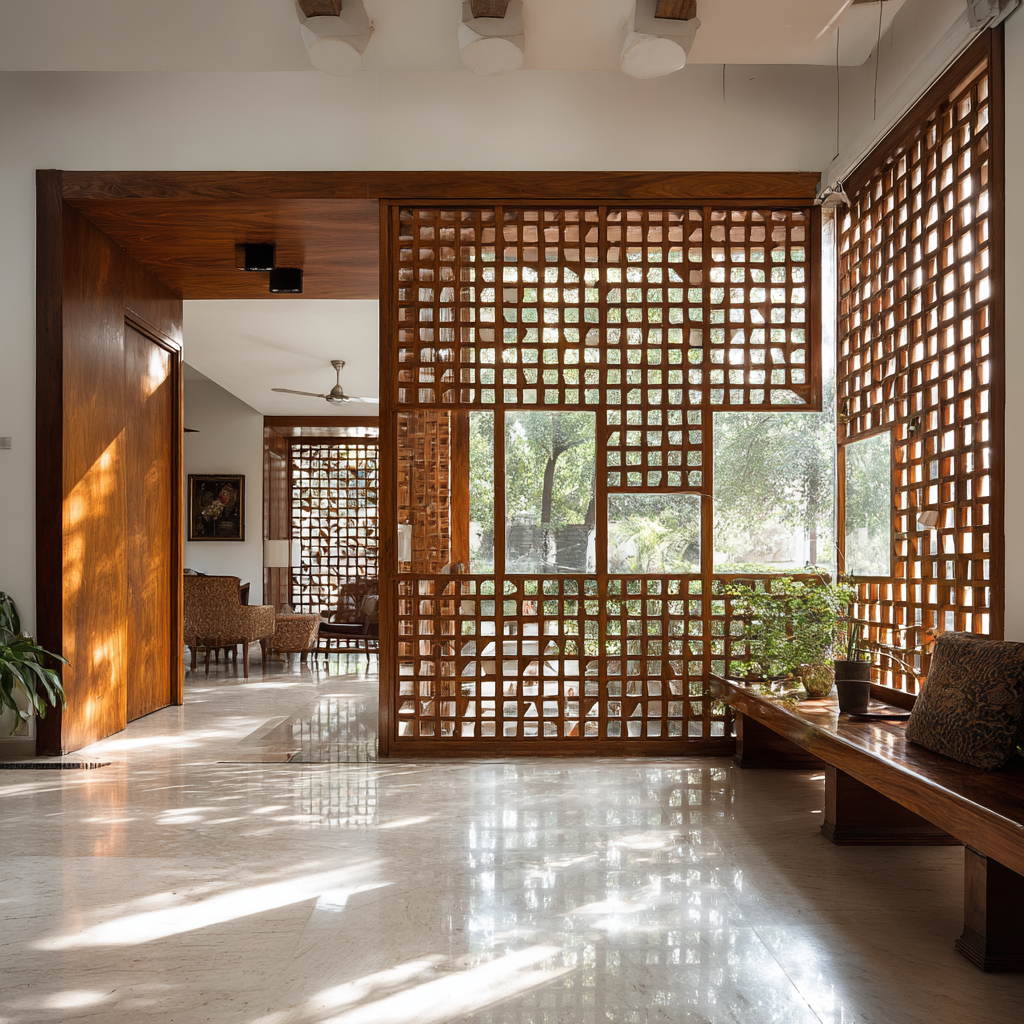 Bedroom featuring Indian floral pattern textiles and carved wood furniture