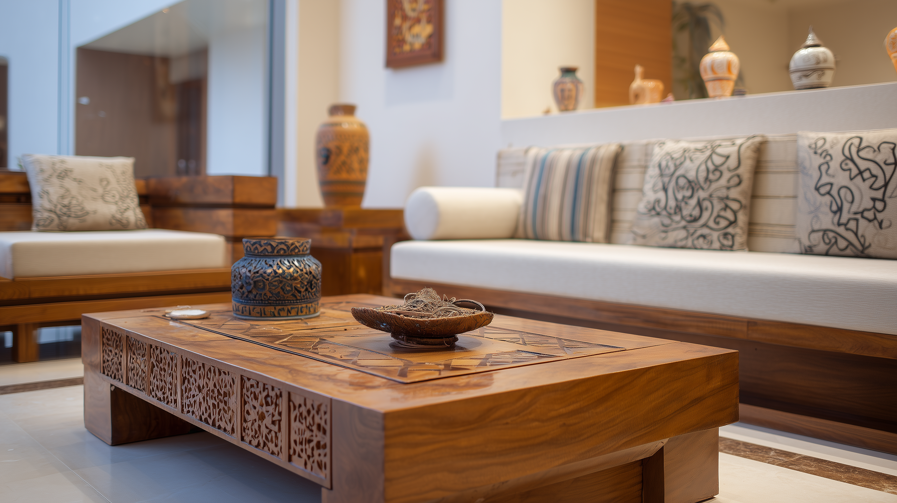 Contemporary kitchen with subtle Indian-inspired decor on a countertop along the chicken road