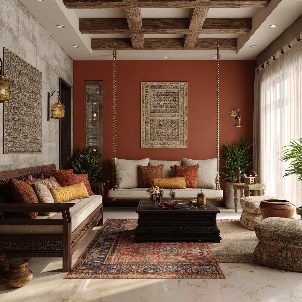Dining area showcasing geometric patterned tiles and decorative panels