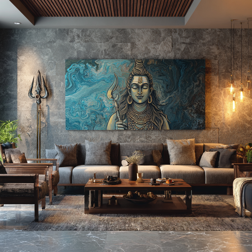 Modern living room with a large mandala wall art piece